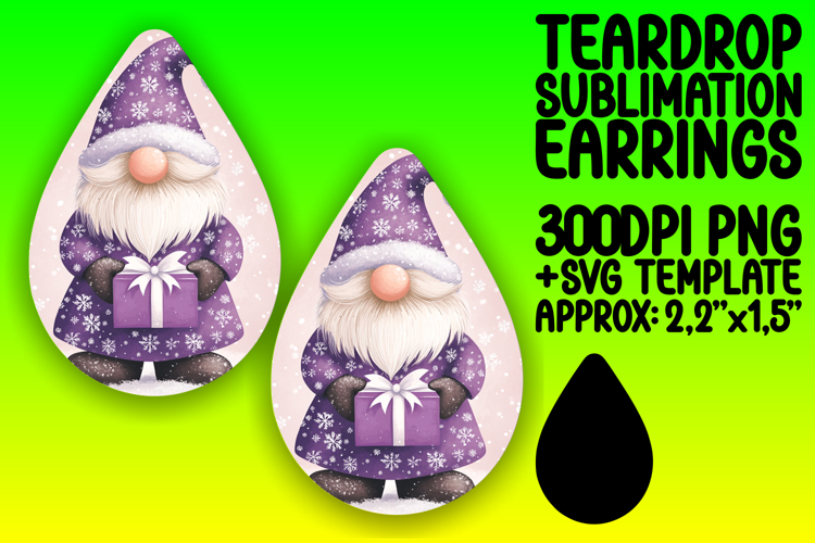 Artistic Teardrop Earrings Sublimation Template , Gnome