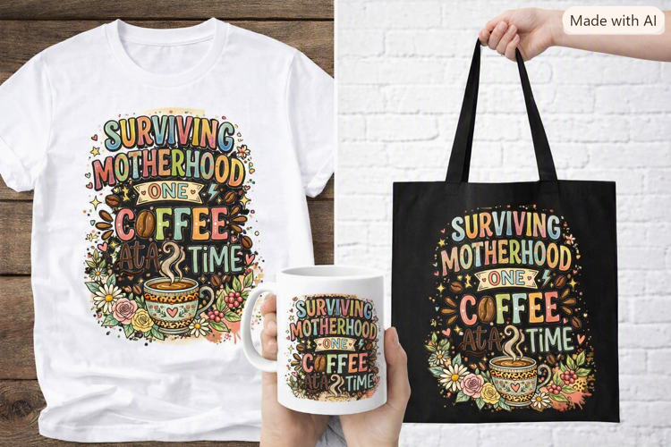 Surviving Motherhood One Coffee at a Time PNG Design