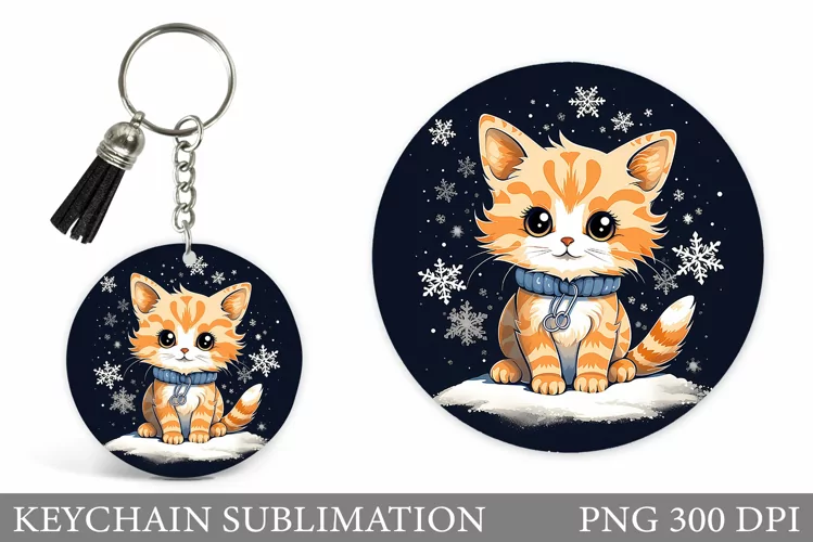 Winter Cat Keychain Design. Cute Cat Keychain Sublimation