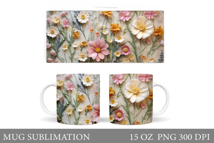 3D Flowers Mug Sublimation. 3D Wildflowers Mug Wrap Design example image 1