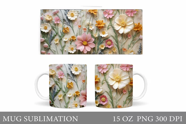 3D Flowers Mug Sublimation. 3D Wildflowers Mug Wrap Design