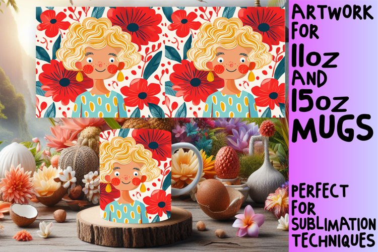 Feminine Portrait and Flowers Mug Wrap 11oz/15oz example image 1