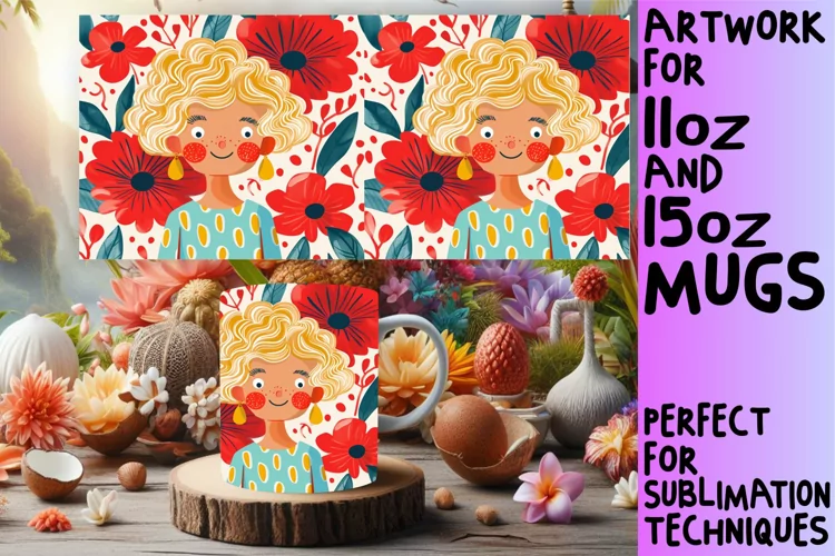 Feminine Portrait and Flowers Mug Wrap 11oz/15oz