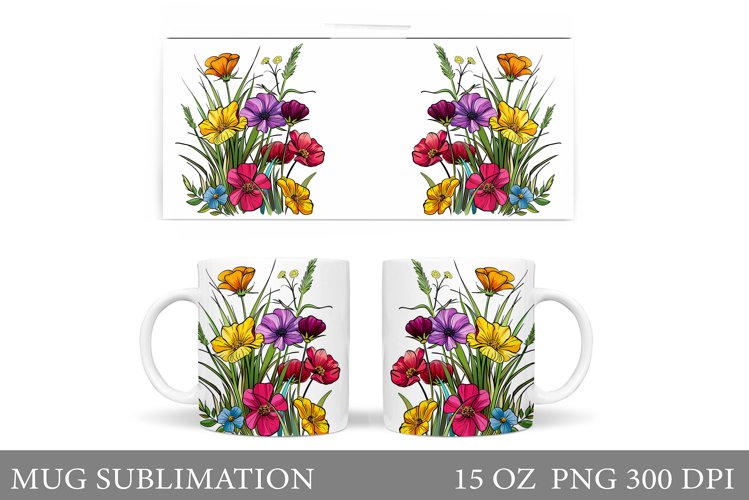 Wildflowers Mug Sublimation. Flowers Mug Wrap Template
