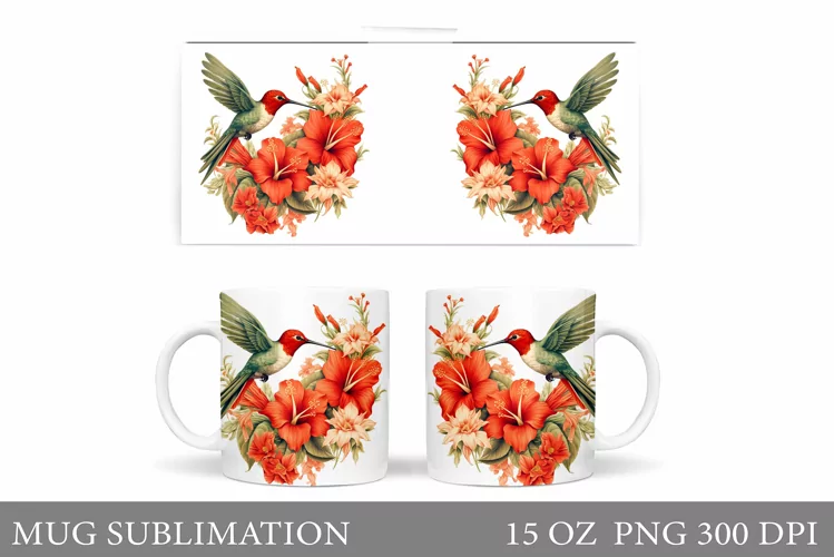 Hummingbird Mug Sublimation. Flowers Mug Design
