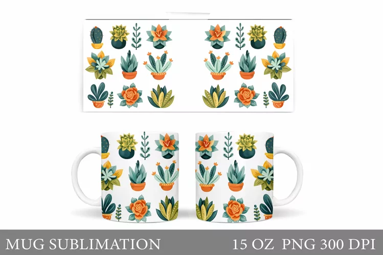 Flowers Mug Sublimation. Succulents Mug Design