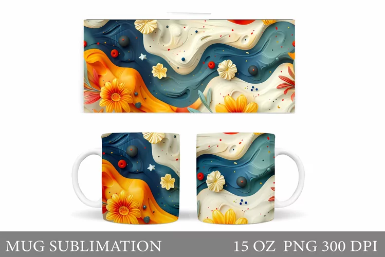 3D Flowers Mug Wrap Design. Flowers Mug Wrap Template