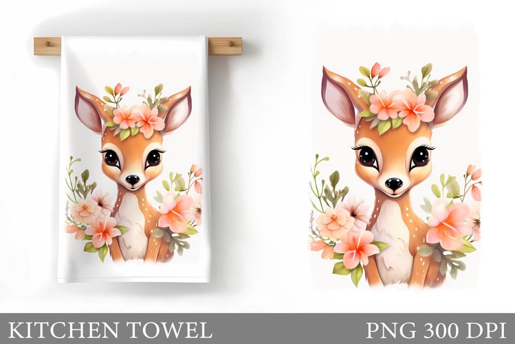 Cute Deer Kitchen Towel. Deer Flowers Kitchen Towel Design