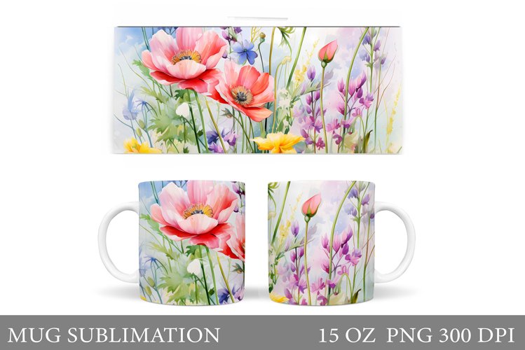 Wildflowers Mug Sublimation. Flowers Mug Wrap Template