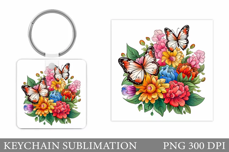 Butterflies Keychain Design. Square Keychain Butterflies