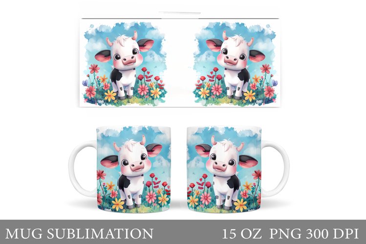 Cute Cow Mug Sublimation. Flowers Mug Wrap Design example image 1