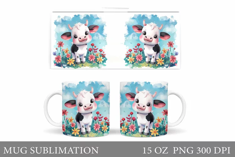 Cute Cow Mug Sublimation. Flowers Mug Wrap Design