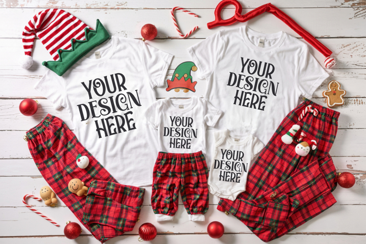 Christmas Family Matching Shirt Mockup | Cozy Boho Flat Lay