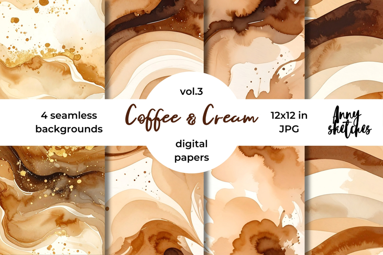 Coffee & Cream Digital Paper Watercolor Seamless Patterns