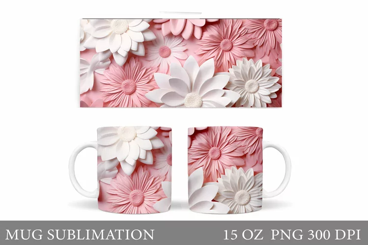 3D Flowers Mug Sublimation. Daisy Flowers Mug Wrap Design