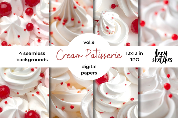 Cream and Cherry Digital Paper Kit Rococo Patterns