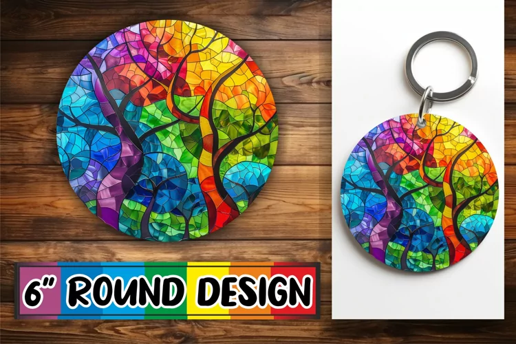 Vibrant Stained Glass Tree Round Design Sublimation