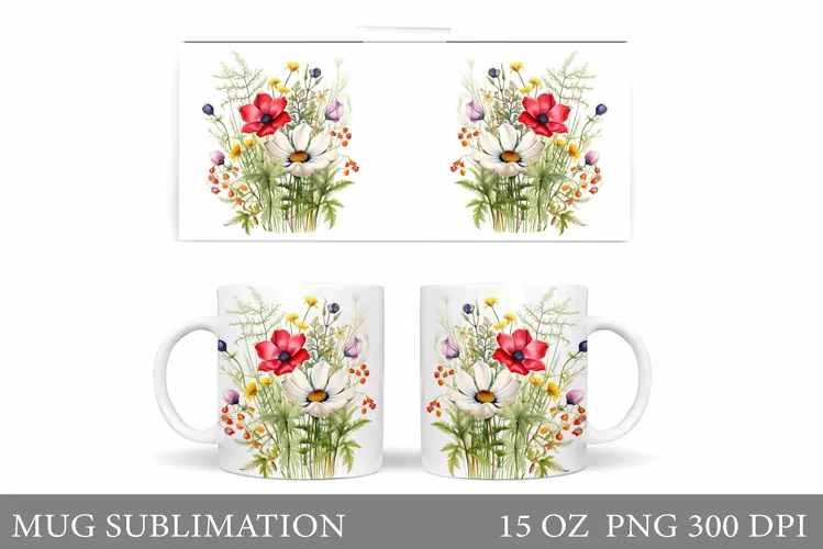 Flowers Mug Wrap Design. Wildflowers Mug Sublimation