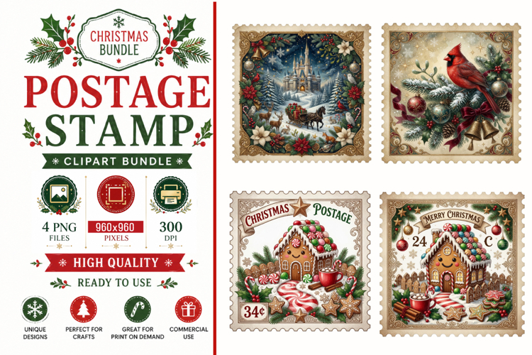Vintage Christmas Postage Stamp,Cardinal Bird, Gingerbread