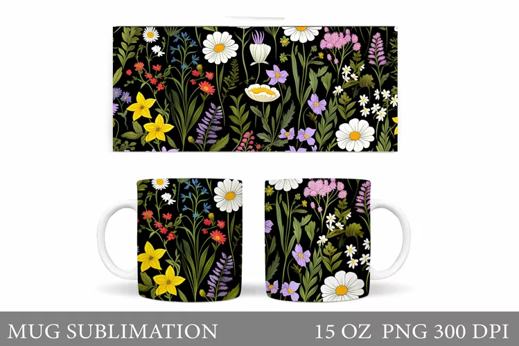 Flowers Mug Wrap Sublimation. Wildflowers Mug Wrap Design