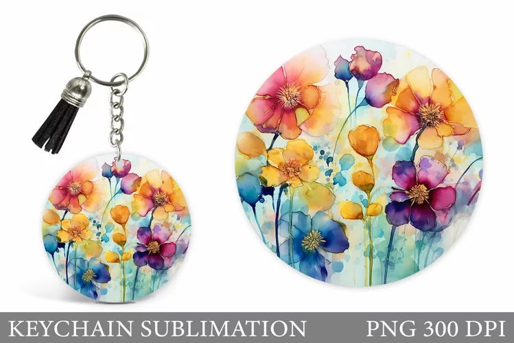 Flowers Keychain Design. Flowers Round Keychain Template