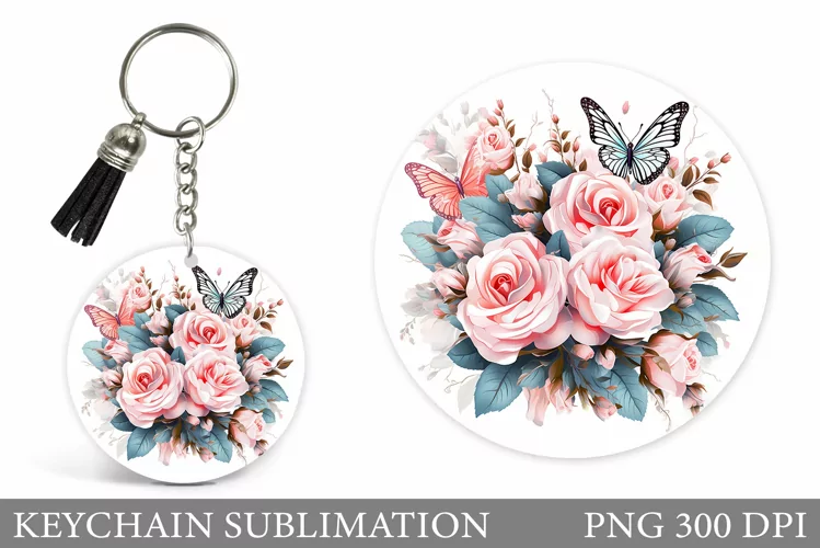 Butterfly Keychain Design. Flowers Keychain Sublimation