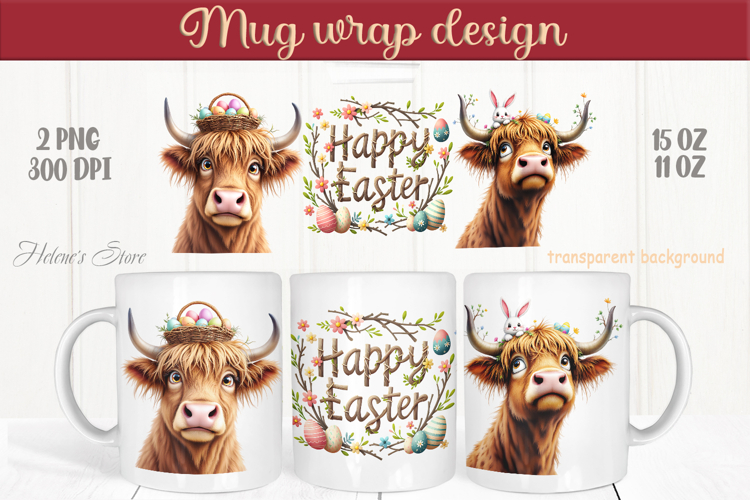 Easter highland cow with bunny mug wrap sublimation design