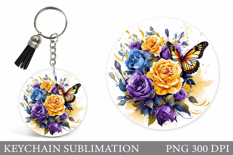Butterfly Keychain Design. Roses Keychain Sublimation