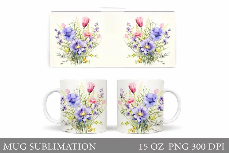 Wildflowers Mug Sublimation. Flowers Mug Wrap Design