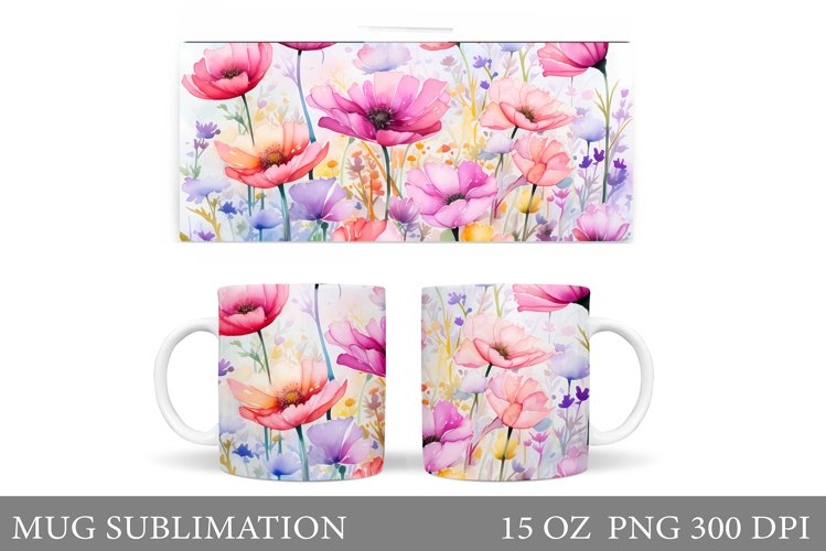 Wildflowers Mug Sublimation. Flowers Mug Wrap Design example image 1