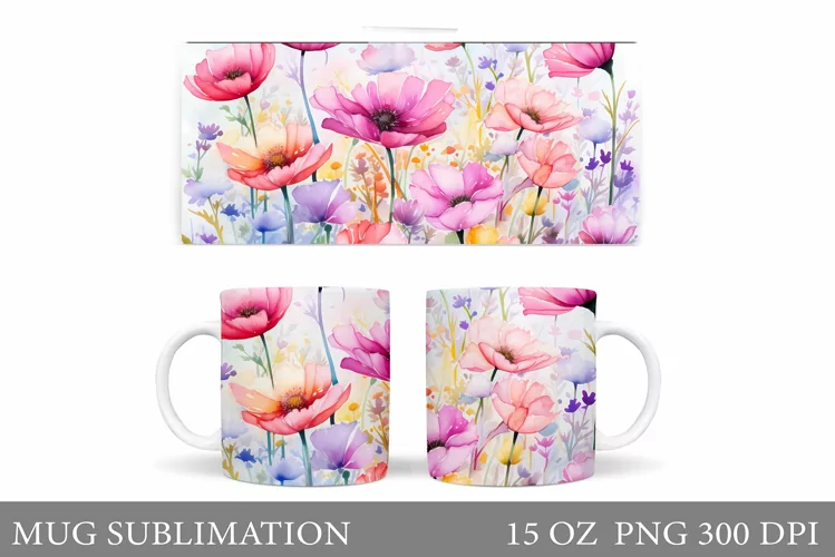 Wildflowers Mug Sublimation. Flowers Mug Wrap Design