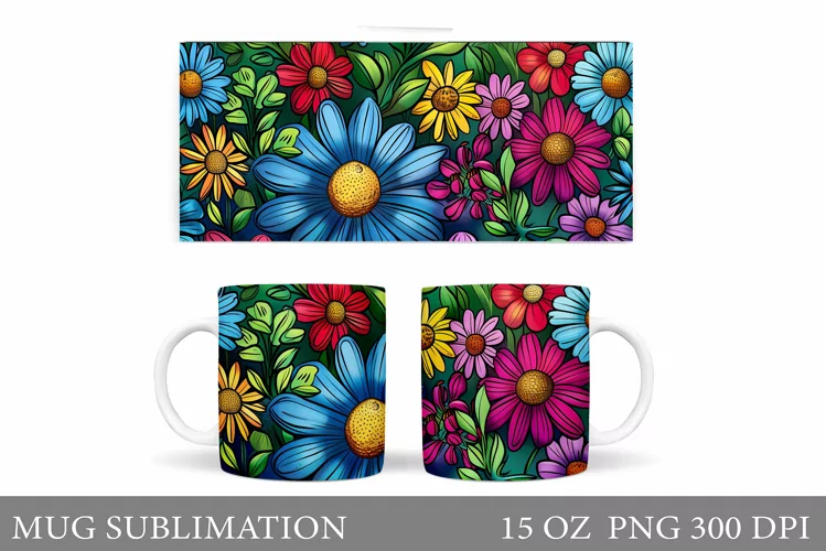 Flowers Mug Sublimation. Floral Mug Wrap Design
