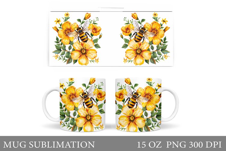 Bee Mug Sublimation. Flowers Mug Design