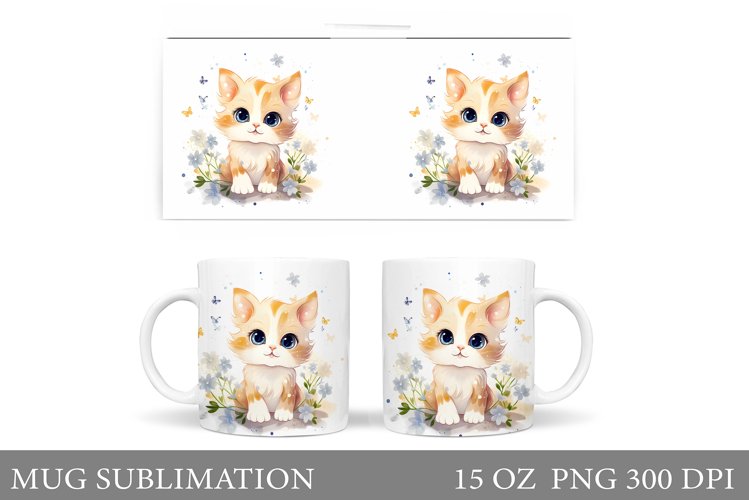 Spring Cat Mug Wrap Design. Cute Cat Mug Sublimation
