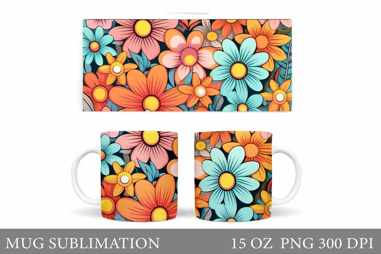 Flowers Mug Sublimation. Daisy Flowers Mug Wrap Design