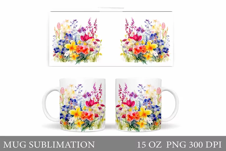 Wildflowers Mug Sublimation. Flowers Mug Wrap Design