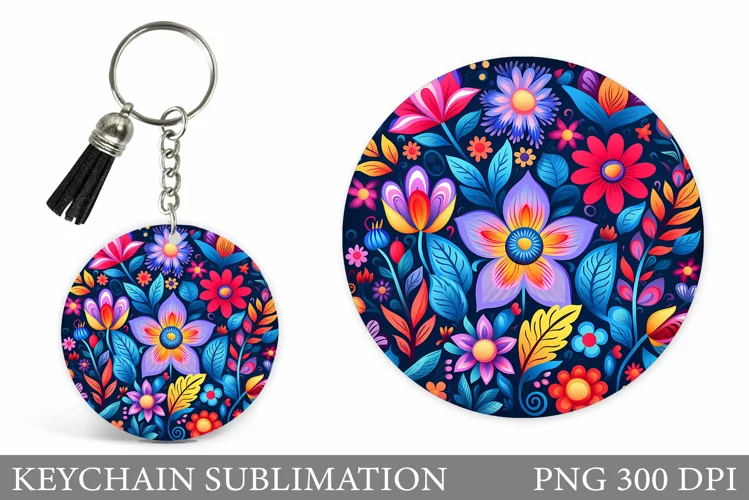 Flowers Keychain Design. Neon Flowers Keychain Template
