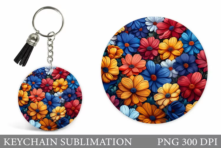 Flowers Keychain Sublimation. Flowers Round Keychain Design