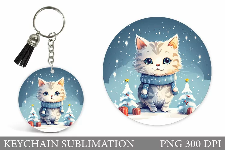 Winter Cat Keychain. Christmas Cat Keychain Sublimation