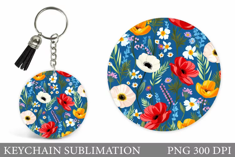 Wildflowers Keychain Design. Round Keychain Flowers Template