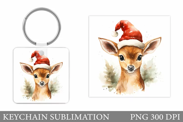 Christmas Deer Keychain. Cute Deer Square Keychain Design