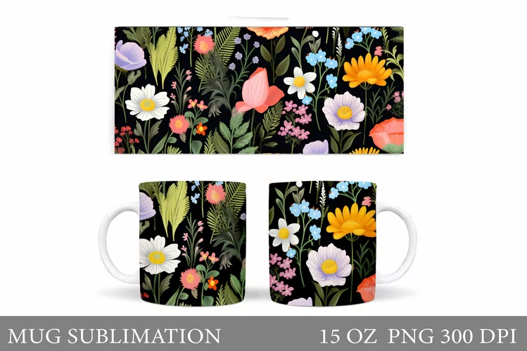 Flowers Mug Sublimation. Wildflowers Mug Wrap Design