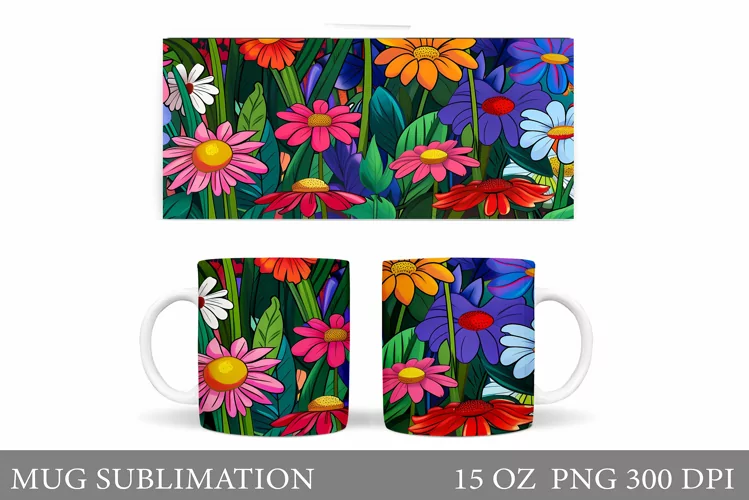 Flowers Mug Sublimation. Floral Mug Wrap Design