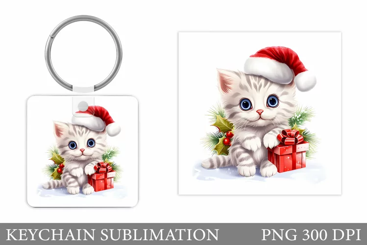 Christmas Cat Keychain. Cute Cat Keychain Sublimation