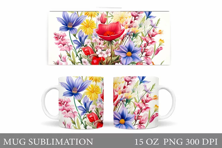 Wildflowers Mug Wrap Design. Flowers Mug Wrap Template