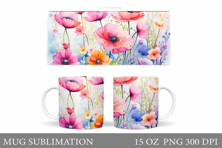 Wildflowers Mug Sublimation. Floral Mug Wrap Design