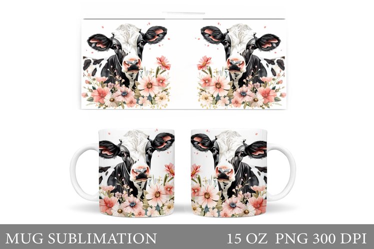 Cow Mug Wrap Sublimation. Flowers Mug Wrap Design