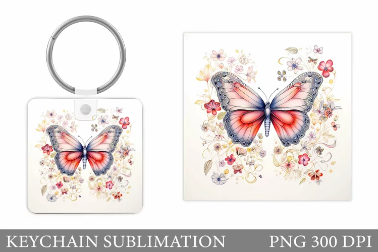 Butterflies Keychain Sublimation. Flowers Keychain Design
