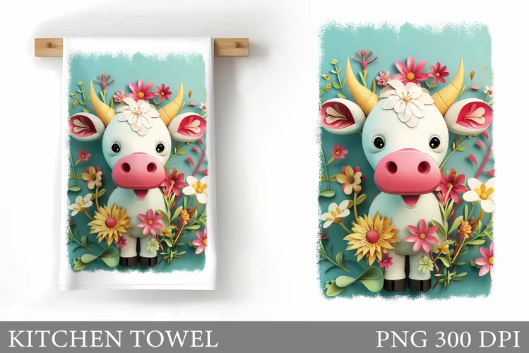Cute Cow Kitchen Towel. Cow Flowers Kitchen Towel Design