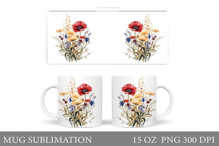 Wildflowers Mug Sublimation. Flowers Mug Wrap Design example image 1